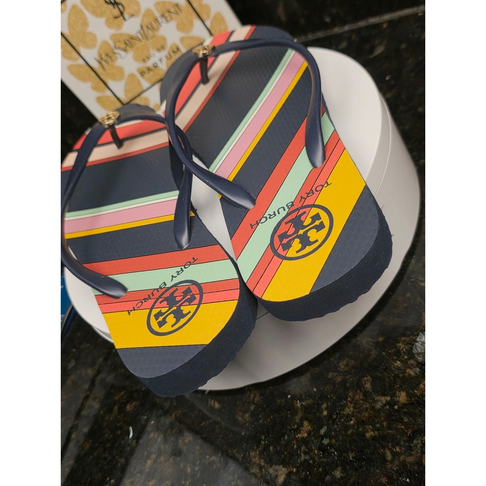 Tory Burch Flip Flops 8M Navy Multi Stripe Logo Thong Sandals Summer Beachwear - Picture 2 of 9